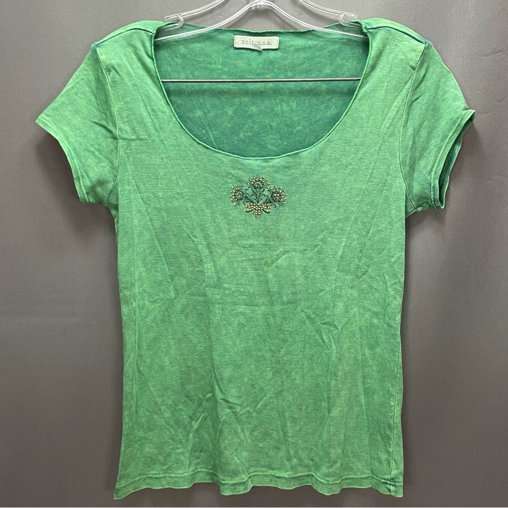 Vintage green t shirt with centred floral print and rhinestone design
